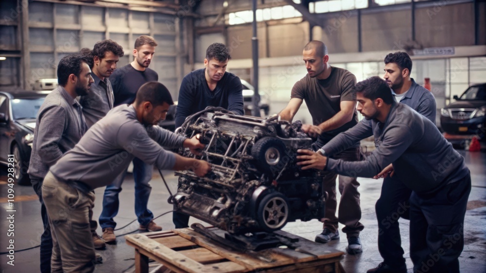 Mechanics examining a car engine in a garage Mechanics examining a car engine in a garage