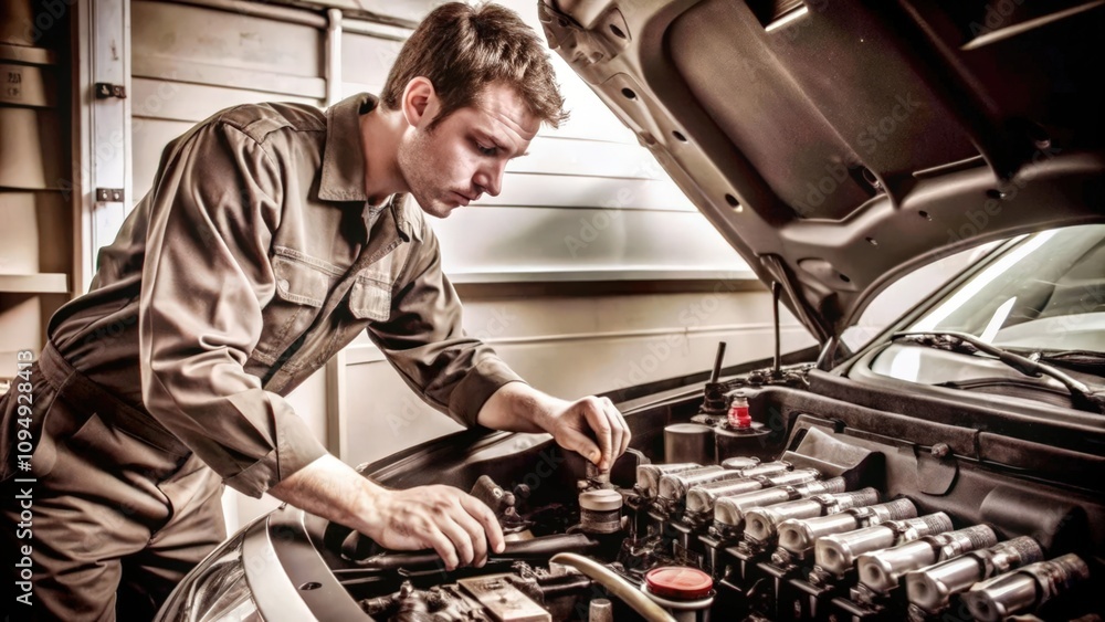 A Mechanic Working on a Car Engine A Mechanic Working on a Car Engine