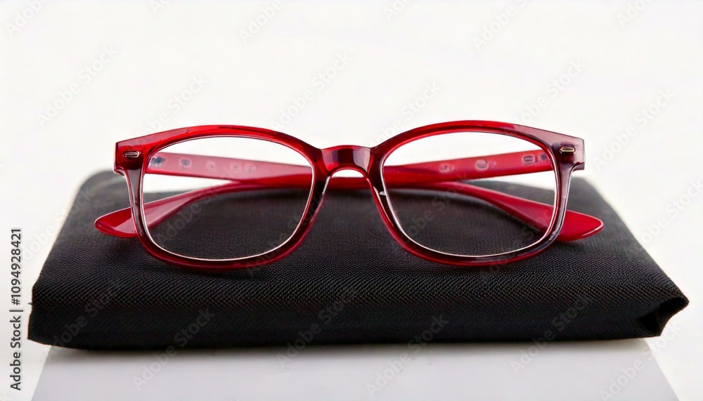 A pair of red reading glasses folded neatly on a white background, lit by soft studio lights A pair of red reading glasses folded neatly on a white background, lit by soft studio lights