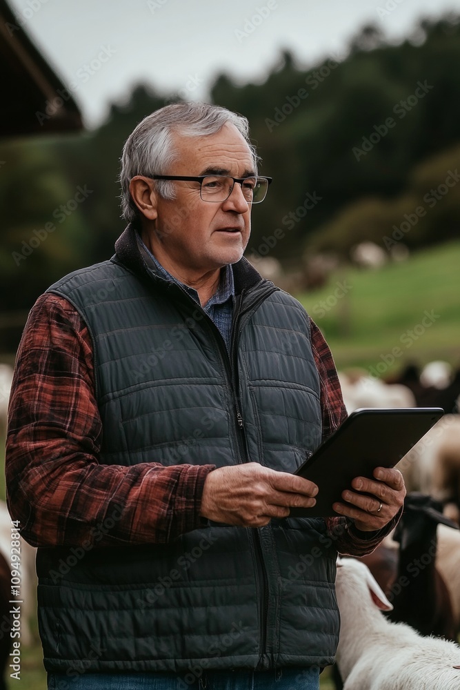Modern Shepherd Senior Farmer Manages a Flock of Goats with Tablet in Lush Green Field Modern Shepherd Senior Farmer Manages a Flock of Goats with Tablet in Lush Green Field