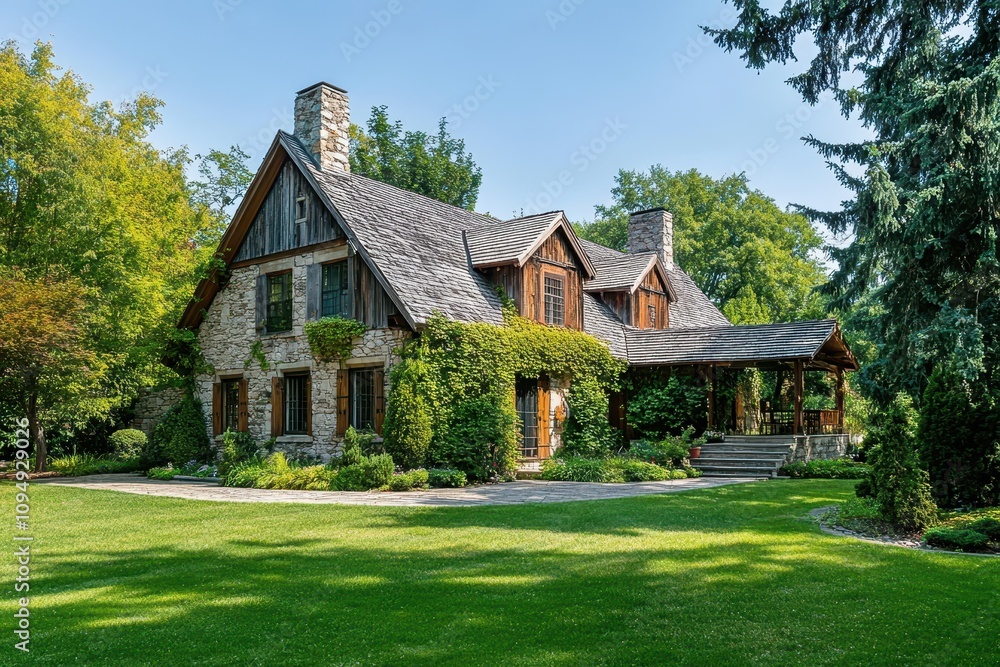 A charming stone house surrounded by lush greenery and a well-maintained lawn.