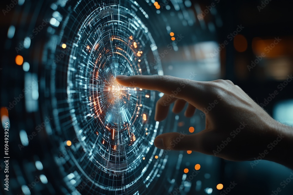 A hand reaches toward a futuristic holographic interface, embodying the tactile interaction with digital technology in a visually captivating fashion. A hand reaches toward a futuristic holographic interface, embodying the tactile interaction with digital technology in a visually captivating fashion.