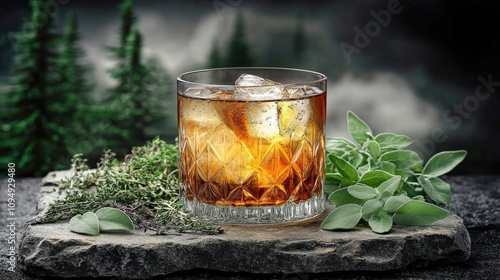 Refreshing Whiskey Cocktail on Rustic Stone with Ice, Fresh Herbs, and Evergreen Background: Aesthetic Nature Inspired Drink Photography photo