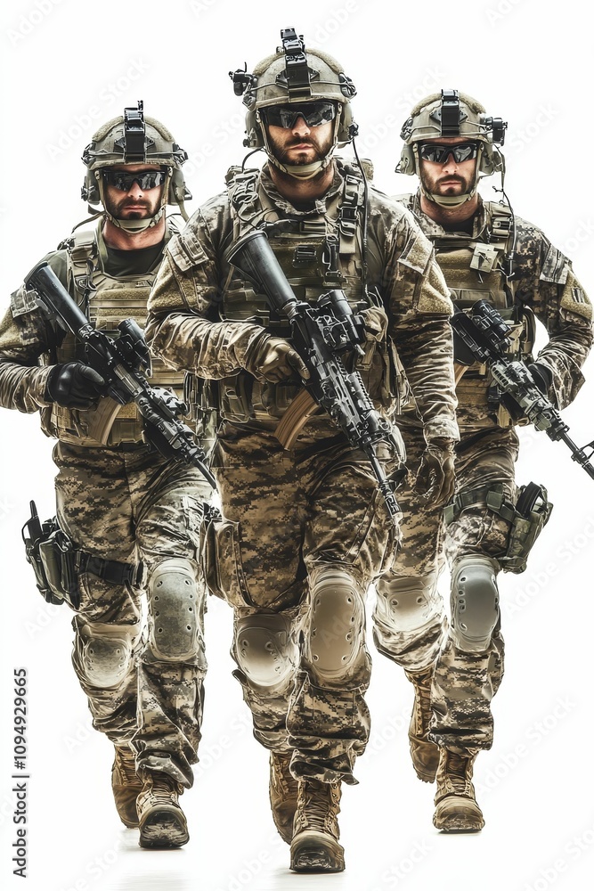 Three soldiers advance, rifles ready. Three soldiers advance, rifles ready.