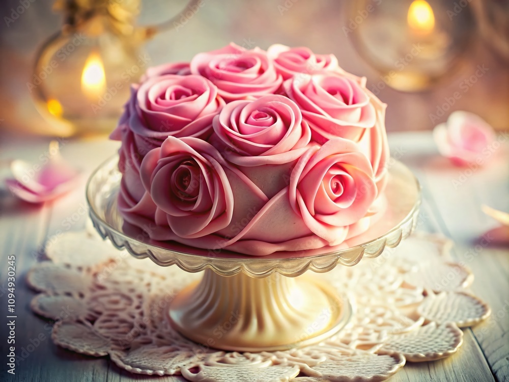 Closeup of a Beautiful Rose-Shaped Valentine's Day Cake with Pink Frosting on a Vintage Cake Stand, Perfect for Romantic Celebrations and Sweet Treats Closeup of a Beautiful Rose-Shaped Valentine's Day Cake with Pink Frosting on a Vintage Cake Stand, Perfect for Romantic Celebrations and Sweet Treats