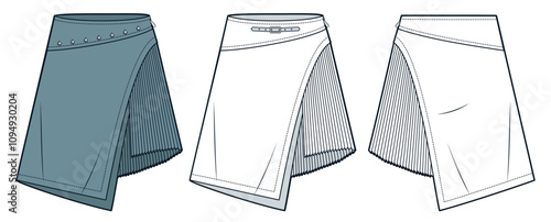Asymmetric mini Skirt technical fashion illustration. Pleated Skirt fashion flat technical drawing template, side zipper, front and back view, white, blue, women CAD mockup set.