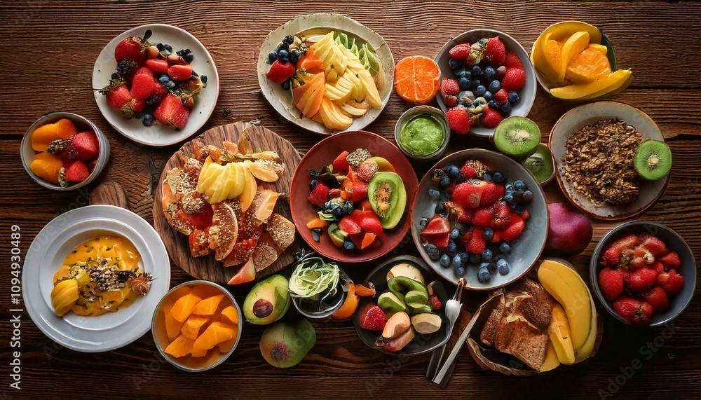 Top view, vibrant of fresh colorful fruits and gourmet on wooden background Top view, vibrant of fresh colorful fruits and gourmet on wooden background