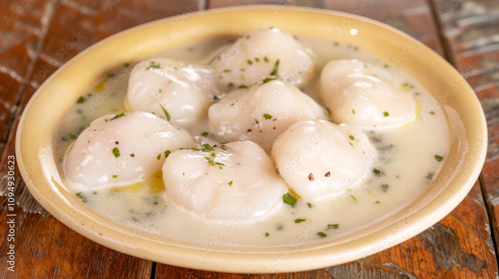 Boiled fish in creamy sauce on a light plate, homemade seafood dish in a cozy kitchen setting Boiled fish in creamy sauce on a light plate, homemade seafood dish in a cozy kitchen setting