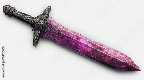 A mystical sword with a purple crystal blade and ornate hilt, suggesting fantasy themes. photo