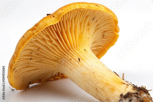 Close-up shot of a single chanterelle mushroom cap, honeycomb pattern, gills underneath, chanterelle mushroom, earthy scent, funnel shaped photo