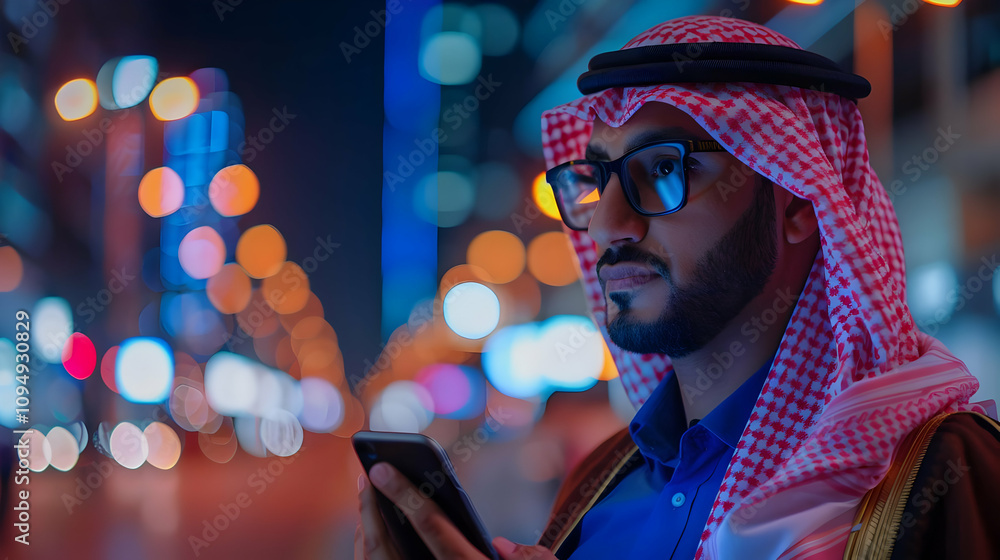 Man in Traditional Clothing Uses Smartphone at Night, City Lights Bokeh Background, Digital Lifestyle in Urban Setting Man in Traditional Clothing Uses Smartphone at Night, City Lights Bokeh Background, Digital Lifestyle in Urban Setting