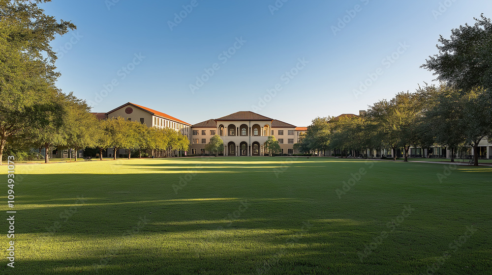 Main campus lawn with a single iconic building - Soft natural light, clear and inviting Main campus lawn with a single iconic building - Soft natural light, clear and inviting