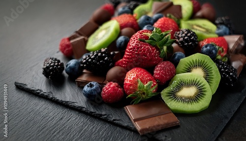 arrangement of fresh kiwi, raspberries, strawberries, blackberries, and blueberries, artfully paired with dark chocolate photo