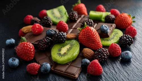 arrangement of fresh kiwi, raspberries, strawberries, blackberries, and blueberries, artfully paired with dark chocolate photo