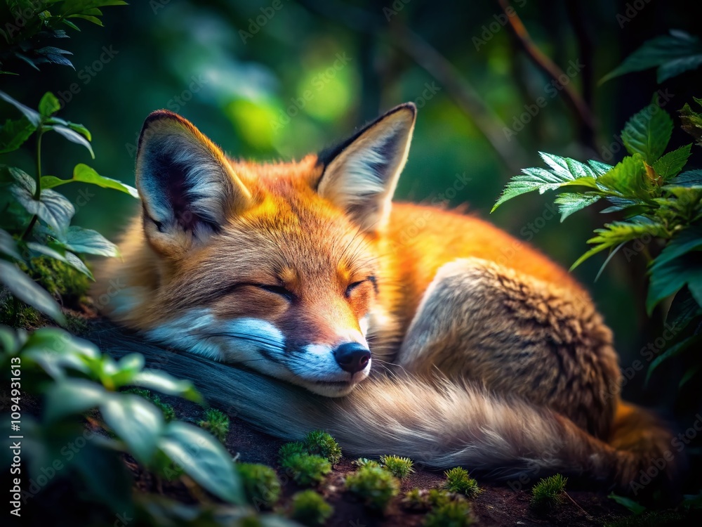 Obraz premium Close-Up of a Serene Red Fox Sleeping Peacefully in the Woods Under Soft Moonlight, Captured in Beautiful Low Light Photography