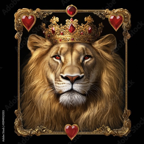 A majestic lion wearing a golden crown adorned with red jewels, framed by ornate decorations and heart motifs, symbolizing royalty and strength. photo