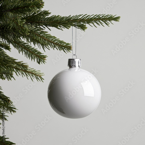 Une décoration de sapin de Noël ronde et blanche. L'ornement est délicatement suspendu à une branche verte luxuriante d'un arbre de Noël, le fond blanc rehaussant le contraste festif.