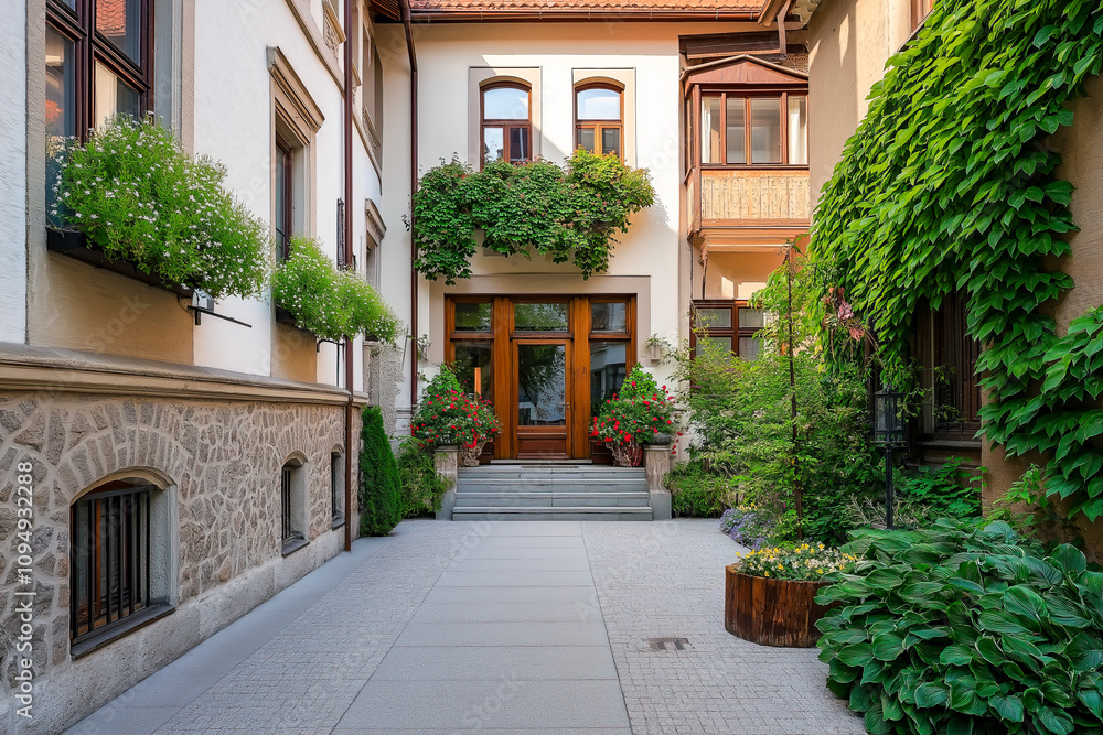 Charming Residential Courtyard with Lush Greenery, Flower Pots, and Classic Architectural Details of a Renovated Urban Building. Charming Residential Courtyard with Lush Greenery, Flower Pots, and Classic Architectural Details of a Renovated Urban Building.