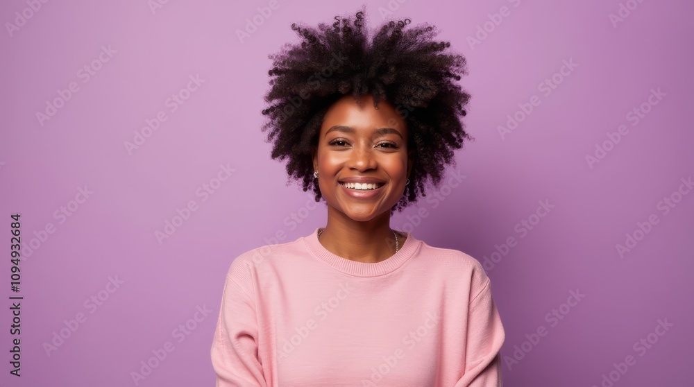 Girl with dark skin, a smile and a lush hairstyle in the middle of a purple background. Girl with dark skin, a smile and a lush hairstyle in the middle of a purple background.