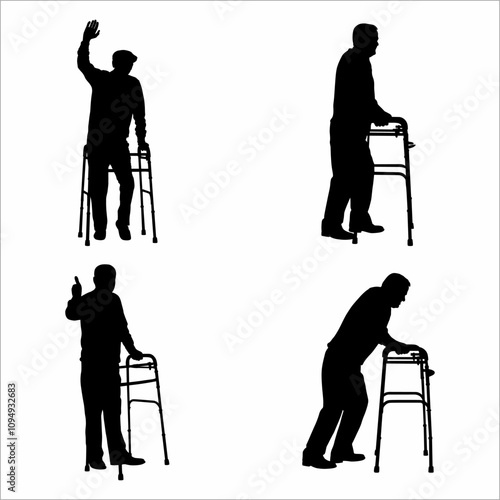 collection of silhouettes of grandfathers, with walking aids