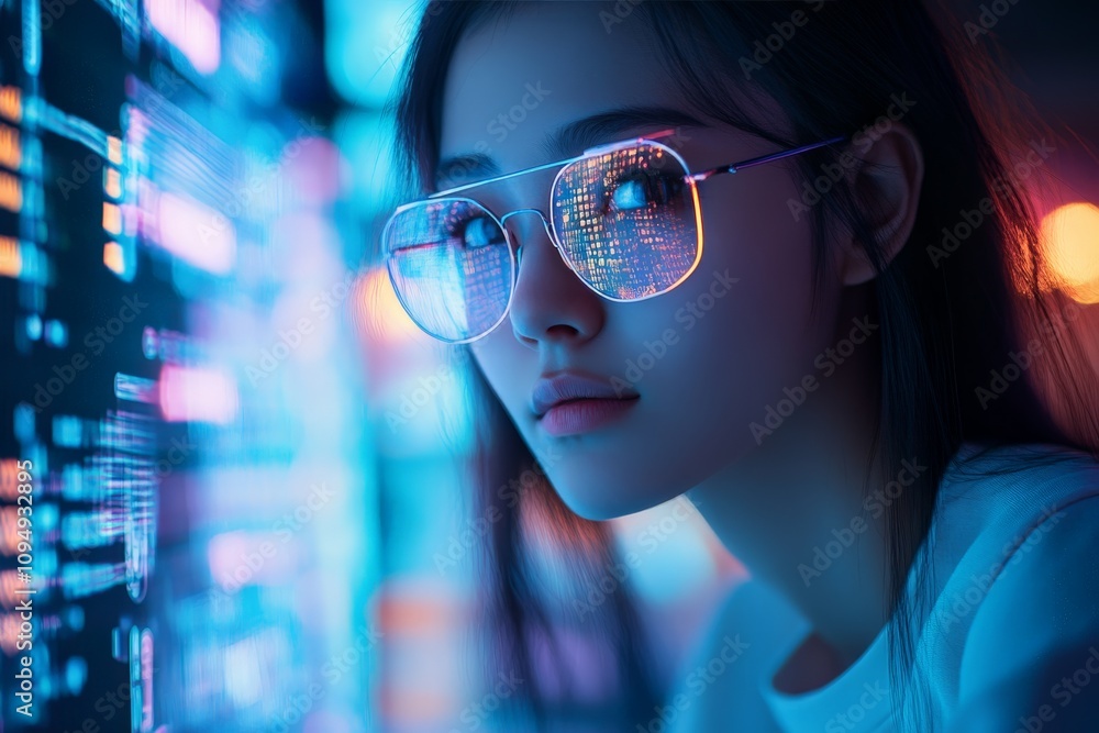 A focused close-up of a person wearing glasses reflecting digital code, embodying a fusion of technology and human essence, in a cyber environment. A focused close-up of a person wearing glasses reflecting digital code, embodying a fusion of technology and human essence, in a cyber environment.