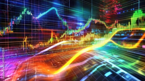 Overlay of line graphs with holographic colors, [business trends visualization], [symbolizing growth in dynamic markets]