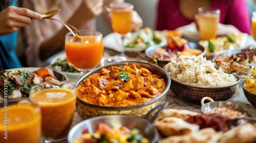 Authentic South Asian New Year's Eve celebration featuring a detailed holiday spread and family enjoying the festive atmosphere.. Christmas, New Year's Eve Authentic South Asian New Year's Eve celebration featuring a detailed holiday spread and family enjoying the festive atmosphere.. Christmas, New Year's Eve