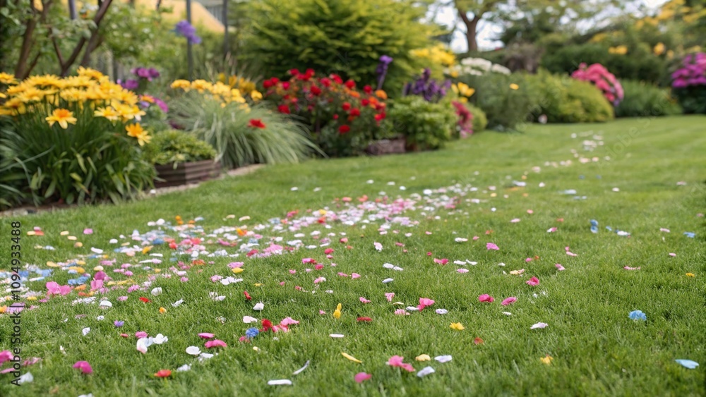 Obraz premium Confetti scattered on a bright green grassy lawn surrounded by colorful garden flowers, confetti fall, grassy lawn decor, blooming flowers