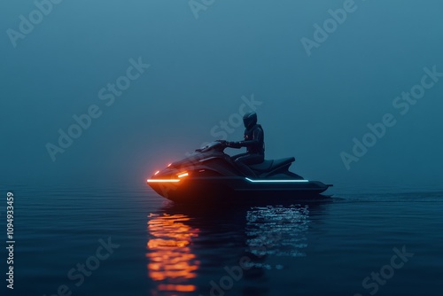 A futuristic scene of a person wearing gear on a neon-accented electric jet ski cruising through calm water, symbolizing adventure and modern exploration. photo