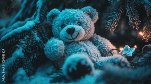 A cozy, stuffed bear rests among snowy branches, illuminated by soft lighting, creating a serene, wintry atmosphere.