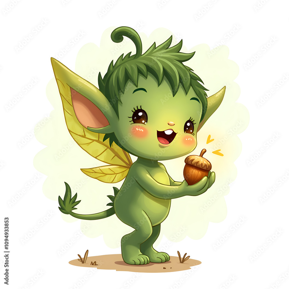 Fototapeta premium A cheerful green fairy holding an acorn surrounded by soft light and nature inspired elements, digital illustration of fantasy character design concept.