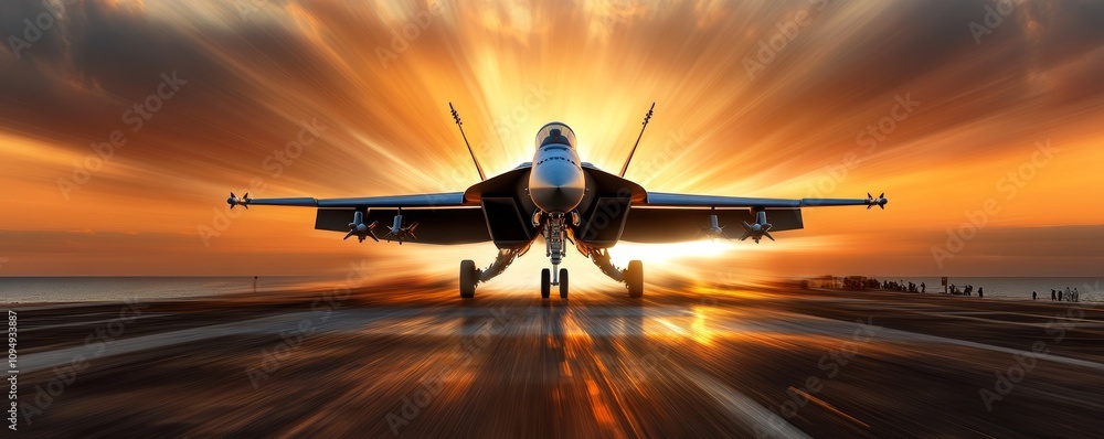 Naklejka premium Fighter jet taking off from aircraft carrier at dawn with sun rising