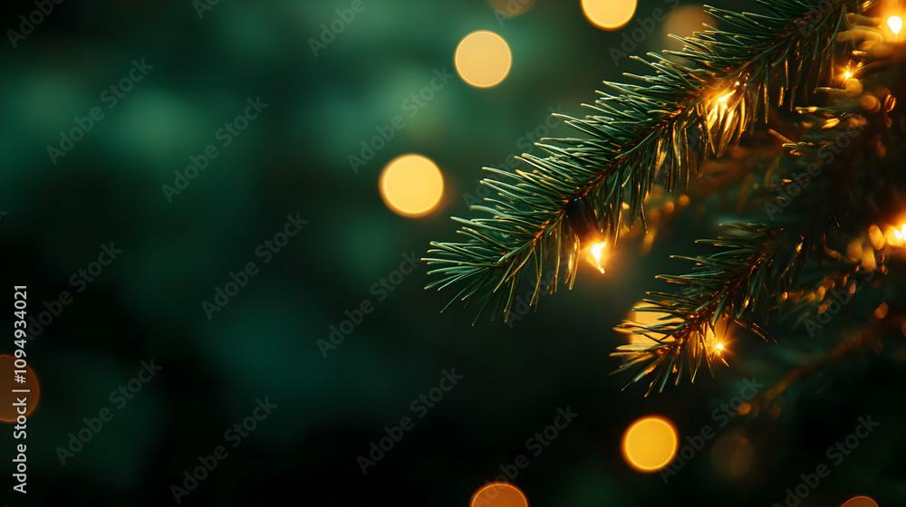 A Close-Up of a Pine Branch Adorned with Twinkling Lights Against a Blurry Green Background, Creating a Festive and Magical Atmosphere. A Close-Up of a Pine Branch Adorned with Twinkling Lights Against a Blurry Green Background, Creating a Festive and Magical Atmosphere.