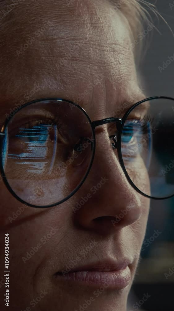 Extreme vertical closeup of face of focused, concentrated Caucasian female IT specialist working on computer software in office, with running lines of code reflecting on glasses Extreme vertical closeup of face of focused, concentrated Caucasian female IT specialist working on computer software in office, with running lines of code reflecting on glasses