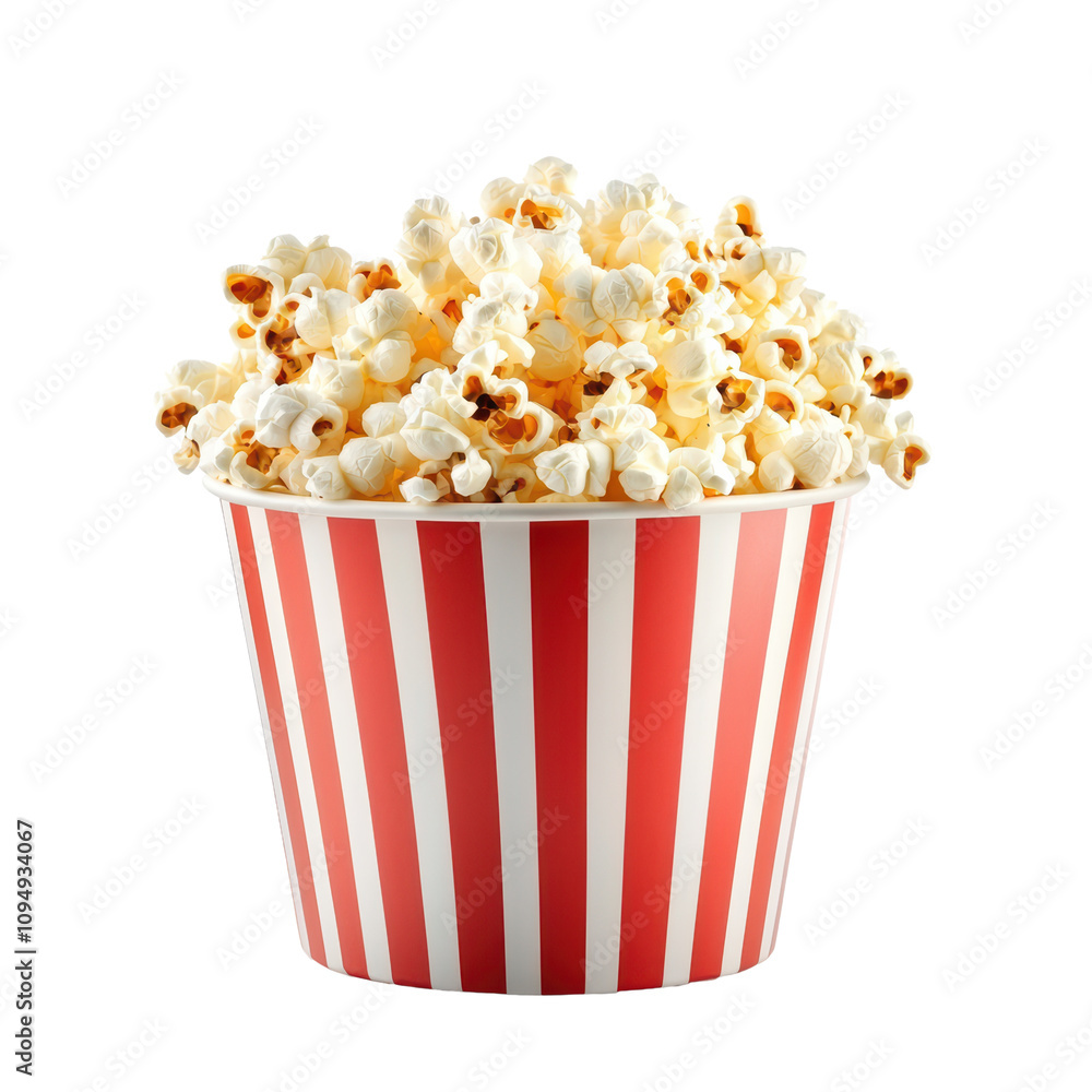 Classic striped popcorn bucket overflowing with popcorn Classic striped popcorn bucket overflowing with popcorn
