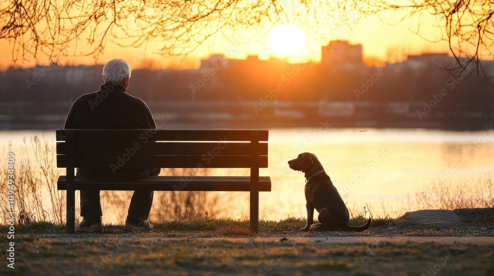 A senior man and his dog sitting on a park bench, enjoying each other's company while watching the sunset