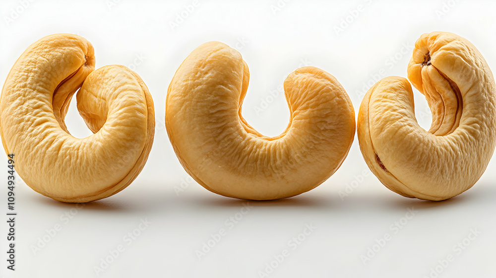Three Cashew Nuts, Arranged in a Row, with a White Background, Showing the Detailed Texture of the Nut's Surface Three Cashew Nuts, Arranged in a Row, with a White Background, Showing the Detailed Texture of the Nut's Surface