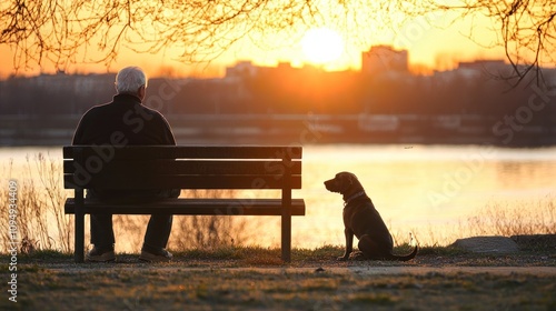 Obraz na płótnie A senior man and his dog sitting on a park bench, enjoying each other's company while watching the sunset w salonie