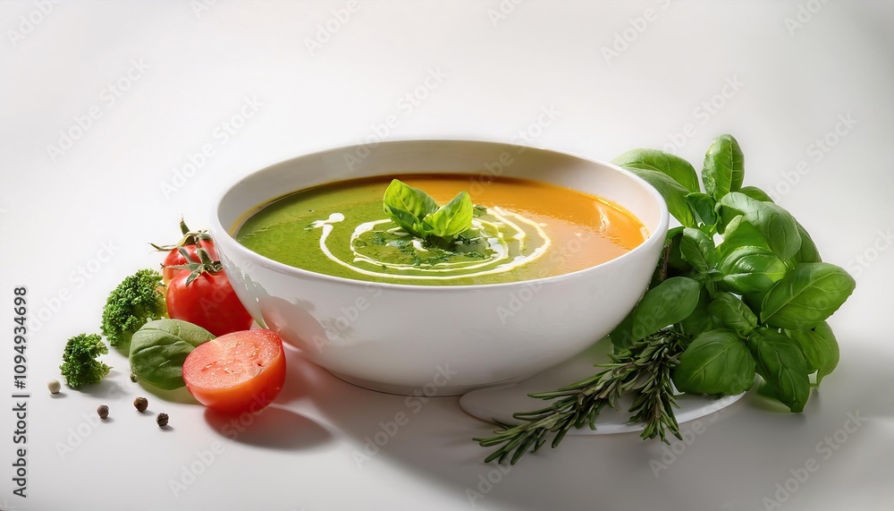 Aromatic vegetable soups and fresh herbs arranged for a vibrant culinary presentation Aromatic vegetable soups and fresh herbs arranged for a vibrant culinary presentation