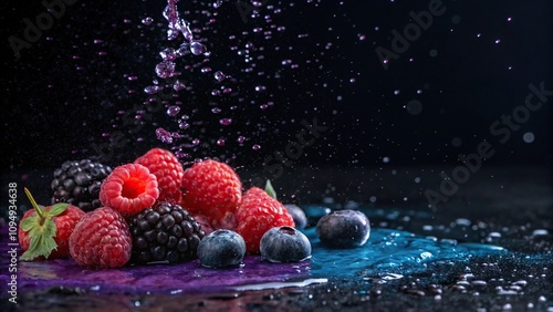 Dark berry splash on a juicy black background with vibrant purple undertones and slight blue tint, nightmode, blackbackground, , photo