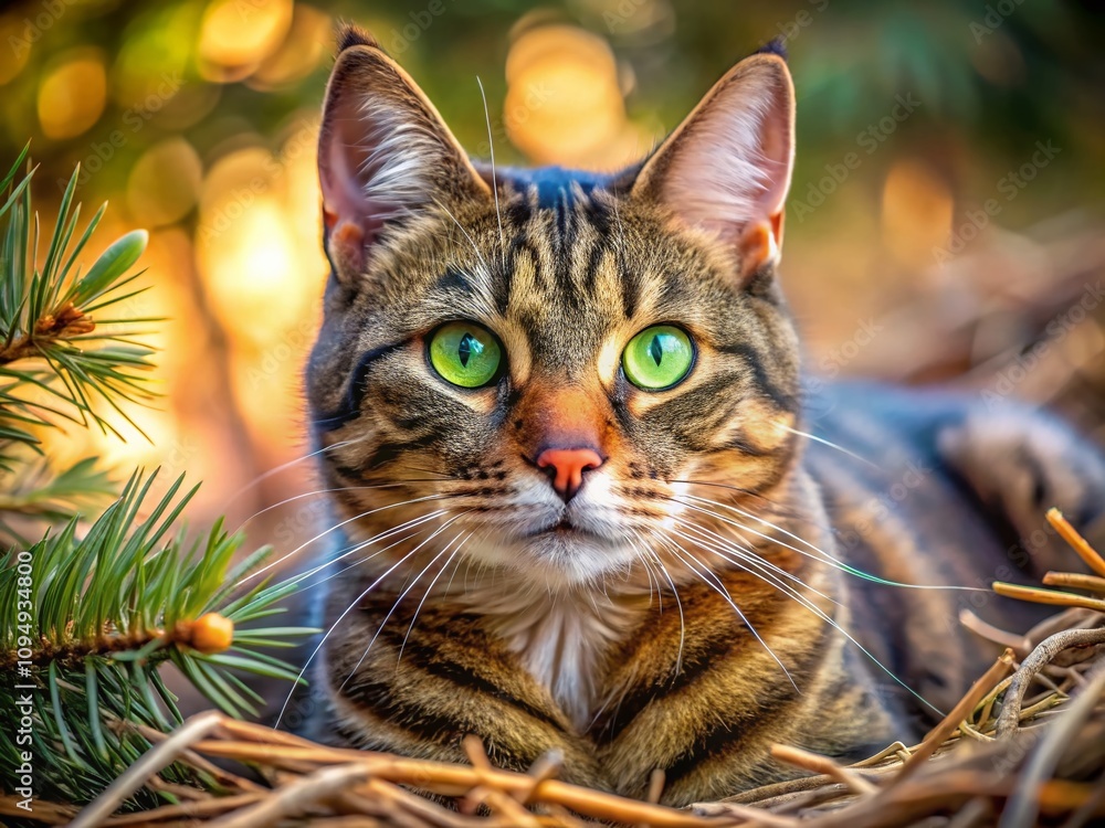 Close-Up Portrait of a Tabby Cat with Narrowed Green Eyes Resting on Soft Tree Needles Surrounded by Nature's Beauty and Textures in a Serene Outdoor Setting Close-Up Portrait of a Tabby Cat with Narrowed Green Eyes Resting on Soft Tree Needles Surrounded by Nature's Beauty and Textures in a Serene Outdoor Setting