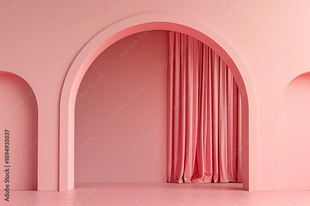 High-quality 3D render of a pink arch with a curtain on the wall, featuring a minimalistic design and solid background. Stylish and modern. High-quality 3D render of a pink arch with a curtain on the wall, featuring a minimalistic design and solid background. Stylish and modern.