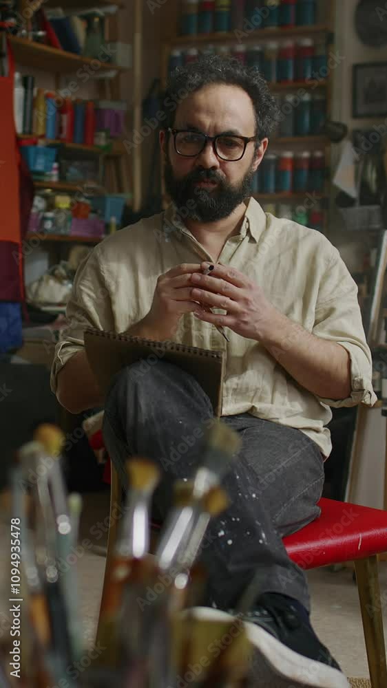 Full vertical shot of curly, bearded Caucasian male artist in glasses sitting on chair in workshop, drawing sketch in notepad, while smoking cigarette, painting brushes in foreground Full vertical shot of curly, bearded Caucasian male artist in glasses sitting on chair in workshop, drawing sketch in notepad, while smoking cigarette, painting brushes in foreground
