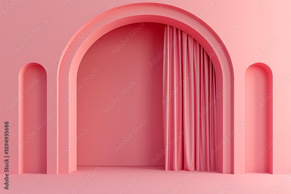 High-quality 3D render of a pink arch with a curtain on the wall, featuring a minimalistic design and solid background. Stylish and modern. High-quality 3D render of a pink arch with a curtain on the wall, featuring a minimalistic design and solid background. Stylish and modern.