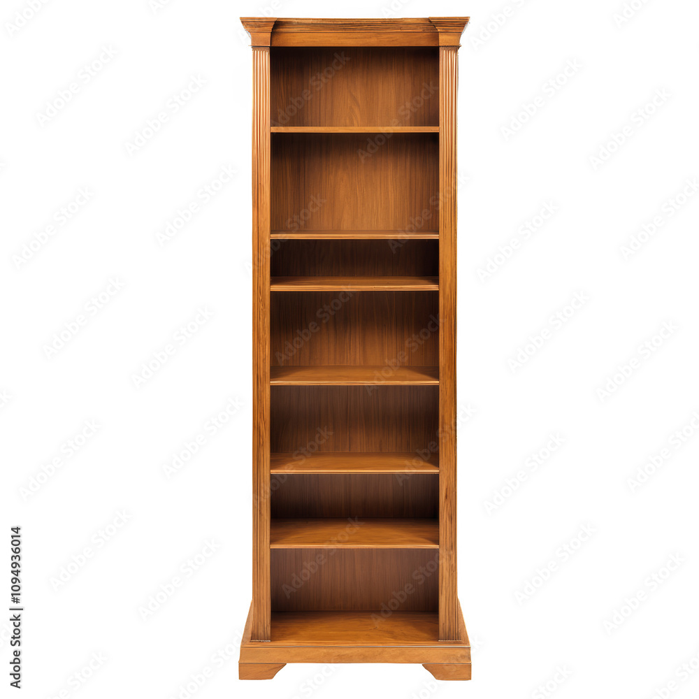 A tall wooden bookcase with six shelves. Isolated on transparent background A tall wooden bookcase with six shelves. Isolated on transparent background
