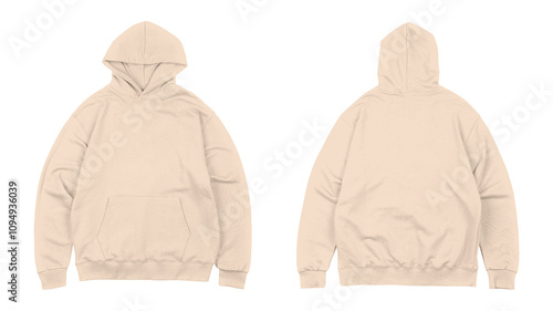 Beige hoodies front and back views display plain apparel.