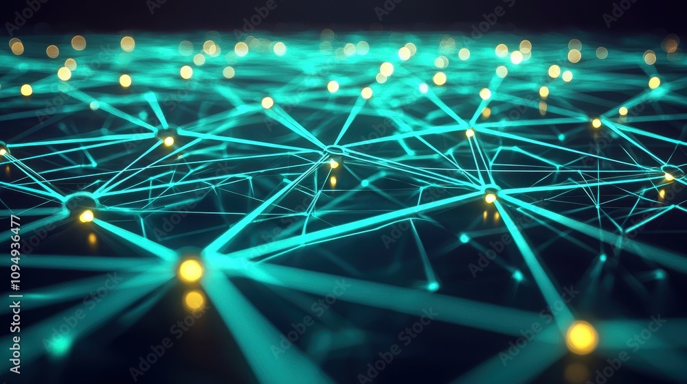 Abstract digital network with glowing teal nodes and flowing interconnected lines. Abstract digital network with glowing teal nodes and flowing interconnected lines.