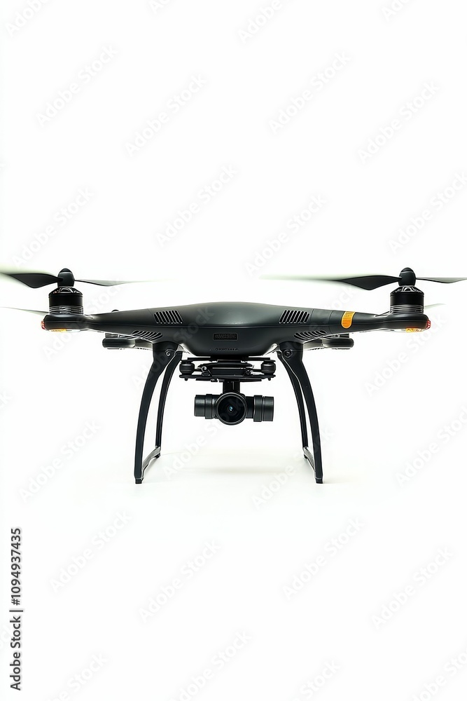 Black drone with camera, isolated, white background. Black drone with camera, isolated, white background.