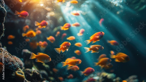 A vibrant underwater scene with schools of orange fish illuminated by sunlight beams.