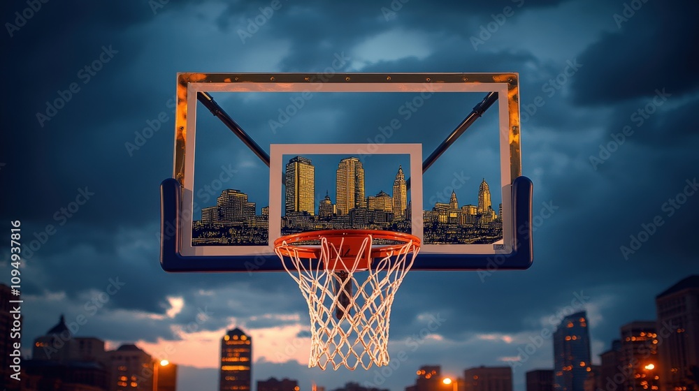 Urban Basketball Hoop at Dusk with Scenic Cityscape View, Illuminated Buildings under Dramatic Evening Sky, Perfect Blend of Sports and Urban Aesthetics Urban Basketball Hoop at Dusk with Scenic Cityscape View, Illuminated Buildings under Dramatic Evening Sky, Perfect Blend of Sports and Urban Aesthetics